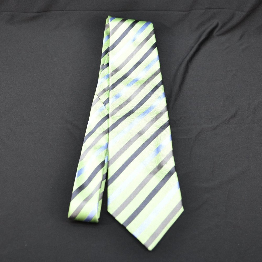 Vitaliano Pancaldi handmade tie - blue and grey stripes on green background